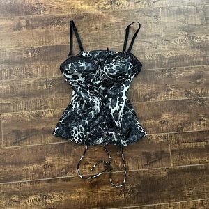 Guess Black & White Animal Print Lace Trim Cami Top